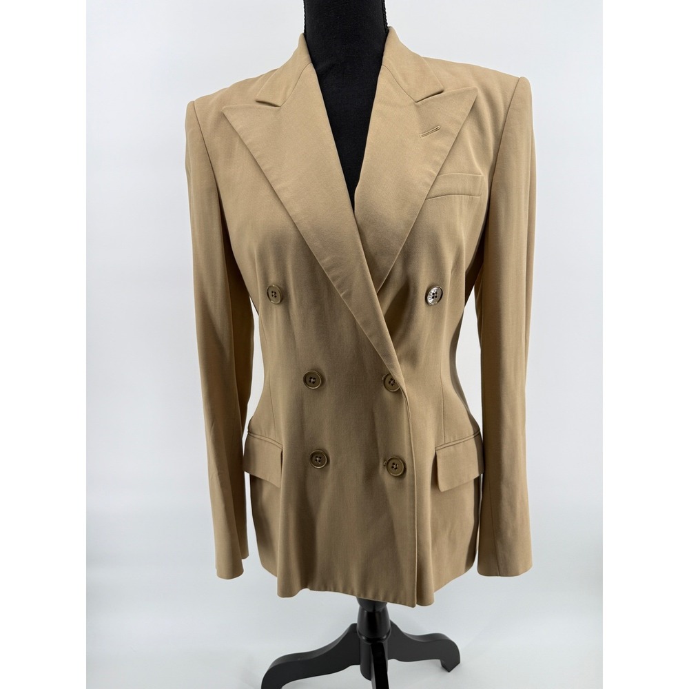 Ralph Lauren Womens Vintage Double Breasted Wool Blend Blazer Tan Beige Size 6
